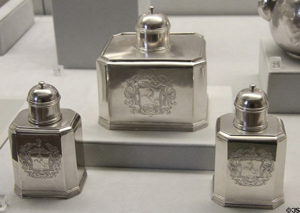 Silver sugar box & tea caddies (1715-40) by Simeon Soumaine of New York City at Metropolitan Museum of Art. New York, NY.