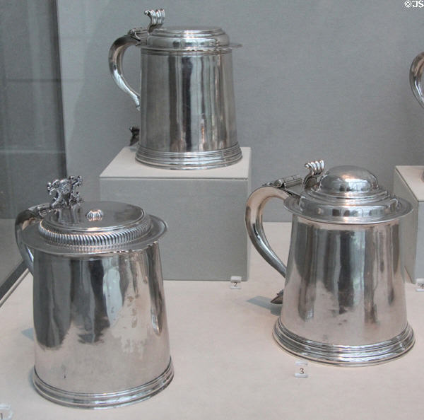 American silver tankards (1700s) by John Noyes of Boston; Daniel Christian Fueter of New York City; & Philip Syng Jr. of Philadelphia at Metropolitan Museum of Art. New York, NY.