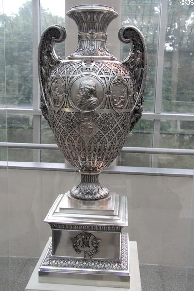 Bryant Vase with flora of America in silver (1876) by James H. Whitehouse & Eugene J. Solingny with medallions attrib. Augustus Saint-Gaudens & made by Tiffany & Co. (displayed at Centennial Exposition in Philadelphia) at Metropolitan Museum of Art. New York, NY.