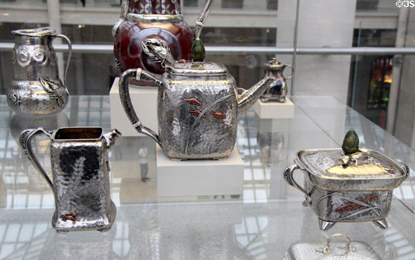 Silver Japanese-style teapot, sugar & creamer (c1880) by Tiffany & Co. of New York City at Metropolitan Museum of Art at Metropolitan Museum of Art. New York, NY.