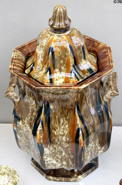 Earthenware covered slop jar (1849-58) attrib. Lyman, Fenton & Co. or United States Pottery Co. of Bennington, VT at Metropolitan Museum of Art. New York, NY.