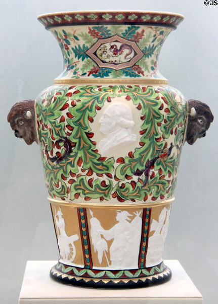 Porcelain Century Vase trimmed in red, green, blue (1877) created for U.S. Centennial Exposition in Philadelphia by Karl L.H. Müller made by Union Porcelain Works, Greenpoint, Brooklyn at Metropolitan Museum of Art. New York, NY.