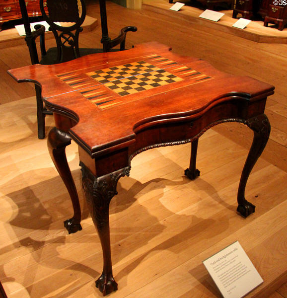 Folding card, chess & backgammon table (1760-90) from New York City at Metropolitan Museum of Art. New York, NY.