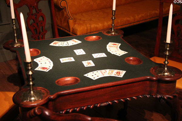 Card table with candlestick holder in corner plus indent for chips (c1767) owned by Samuel Verplanck of New York City at Metropolitan Museum of Art. New York, NY.