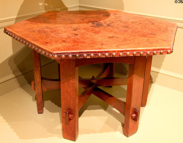 Hexagonal library table (1902-3) by Gutave Stickley made by Craftsman Workshops of Eastwood, NY at Metropolitan Museum of Art. New York, NY.
