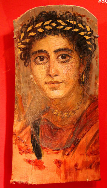 Romano-Egyptian mummy portrait of woman in red (90-120 CE) at Metropolitan Museum of Art. New York, NY.