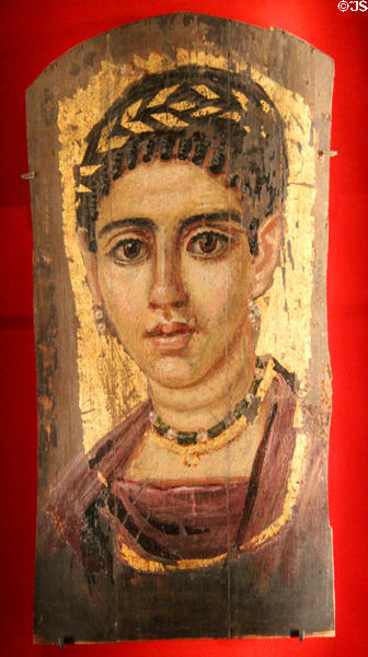 Romano-Egyptian mummy portrait of woman in gilded wreath (c120-140 CE) at Metropolitan Museum of Art. New York, NY.