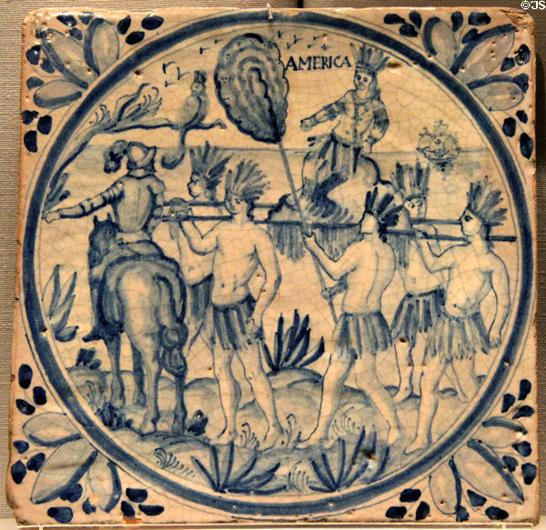 Earthenware tile with allegory with continent of America (early mid 18thC) from Spain at Cooper Hewett Museum. New York City, NY.