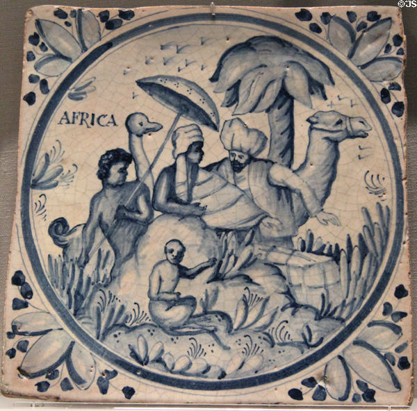 Earthenware tile with allegory with continent of Africa (early mid 18thC) from Spain at Cooper Hewett Museum. New York City, NY.