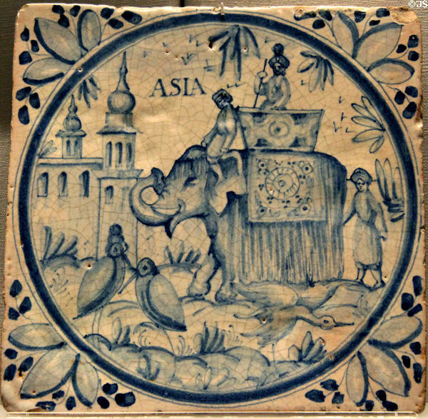 Earthenware tile with allegory with continent of Asia (early mid 18thC) from Spain at Cooper Hewett Museum. New York City, NY.