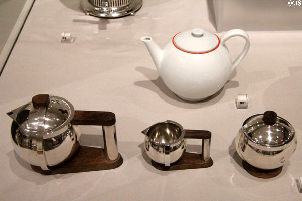 Porcelain Mocha Pot (c1929) by Ladislave Sutnar & silver spherical tea set (c1928) by Jean Elysée Puiforcat of France at Cooper Hewett Museum. New York City, NY.