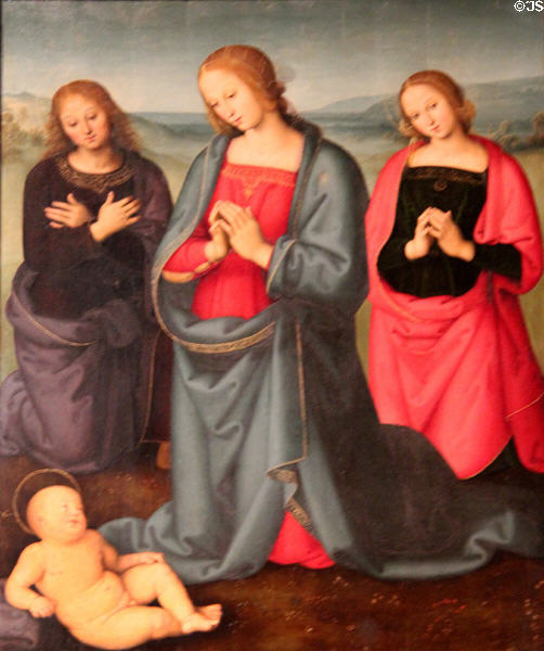 Virgin & Sts Adoring Christ Child painting c1500 by Pietro Vannucci (aka Perugino) of Italy at Morgan Library. New York City, NY.