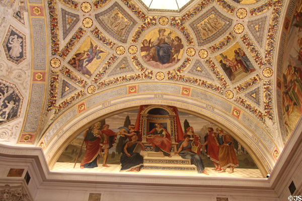 Ceiling murals relay stories regarding art at Morgan Library. New York City, NY.