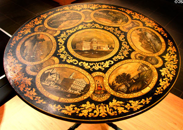 Center table painted with American scenes (1840-45) attrib. Noyes & Hutton of Troy, NY at Brooklyn Museum. Brooklyn, NY.