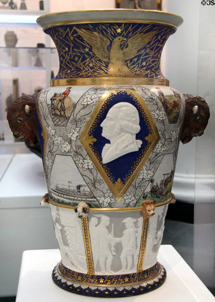 Century Vase (1876) created for U.S. Centennial Exposition in Philadelphia by Karl L.H. Müller made by Union Porcelain Works, Greenpoint, Brooklyn at Brooklyn Museum. Brooklyn, NY.