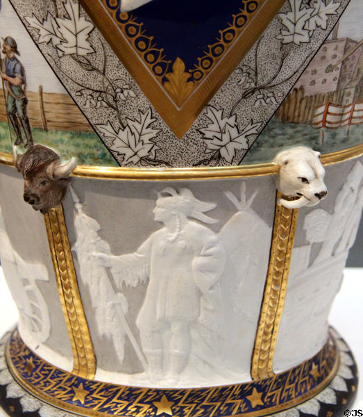 Native American with teepee detail on Century Vase (1876) by Karl L.H. Müller of Union Porcelain Works at Brooklyn Museum. Brooklyn, NY.