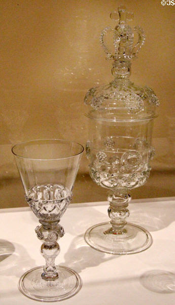 Glass drinking vessel & covered goblet (c1685) from England at Brooklyn Museum. Brooklyn, NY.