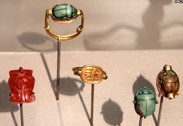 Egyptian scarabs, rings & amulets (c1479-1400 BCE / Dynasty 18) at Brooklyn Museum. Brooklyn, NY.