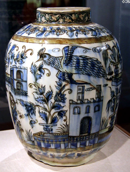 Ceramic vase with building & birds (19th C) from Iran at Brooklyn Museum. Brooklyn, NY.
