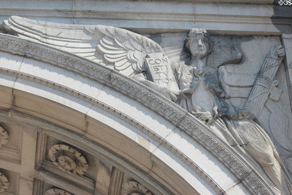 Angel with constitution detail of Soldiers' & Sailors' Arch in Grand Army Plaza. Brooklyn, NY.