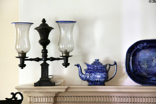 Double Argand lamp & blue flow teapot at Lefferts Homestead museum. Brooklyn, NY.