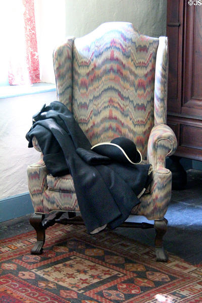 Upholstered arm chair at Conference House. Staten Island, NY.