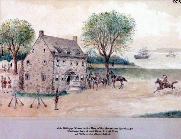 Graphic of Billopp House in the Time of the American Revolution; HQ of Lord Howe, British Army; Tottenville, Staten Island at Conference House. Staten Island, NY.