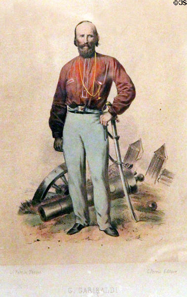 Print (1848) of Giuseppe Garibaldi in uniform at Garibaldi-Meucci Museum. Staten Island, NY.