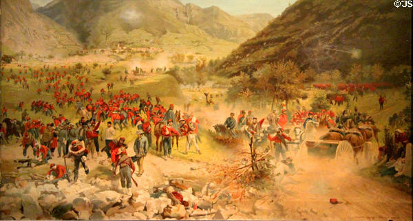 Battle of Bezzecca, Austria, where Garibaldini fought July 21, 1866 print by Gualassini & Bertarelli of Milan at Garibaldi-Meucci Museum. Staten Island, NY.
