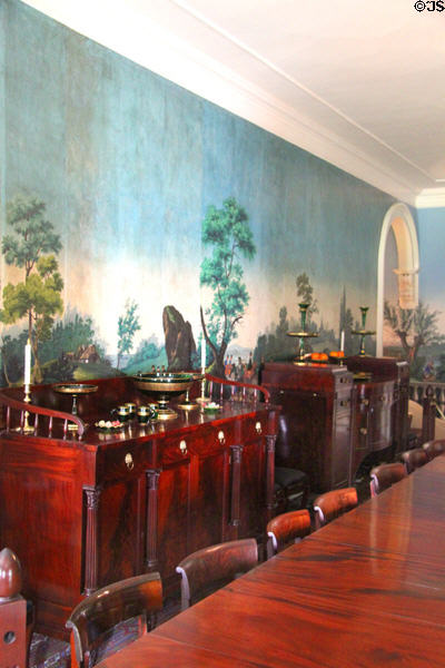 Federal & Empire style sideboards with period wallpaper in dining room at Lindenwald. Kinderhook, NY.