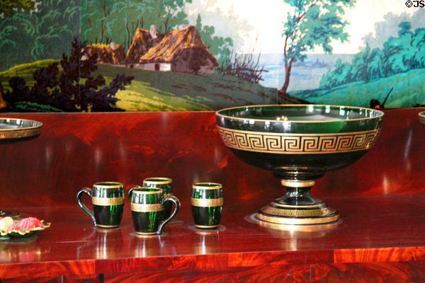 Green glass punchbowl & cups (1830-60) in corner of dining room at Lindenwald. Kinderhook, NY.