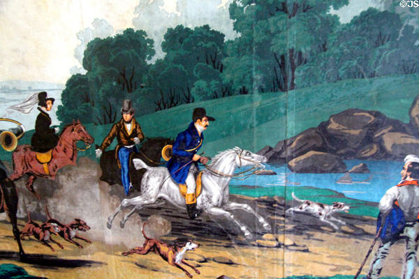 Detail of mounted hunters giving chase on "Paysages à Chasse" wallpaper (1830-40) by Zuber Cie. of France in dining room at Lindenwald. Kinderhook, NY.