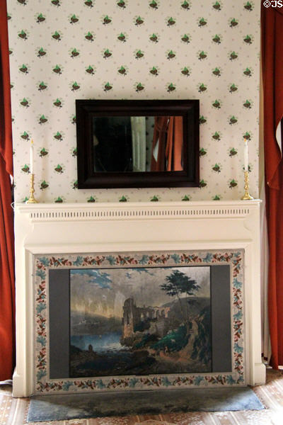Downstairs bedroom fireplace with "Vue d'Ecosse" wallpaper-covered fireboard (c1840) at Lindenwald. Kinderhook, NY.