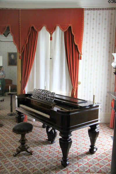 Hallett and Cumston piano of Boston & stool in drawing room at Lindenwald. Kinderhook, NY.