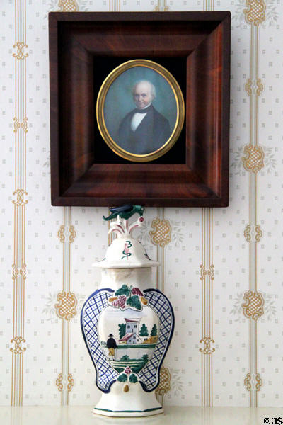 Van Buren portrait & polychrome delft jar with lid (c1850) on mantel shelf at Lindenwald. Kinderhook, NY.