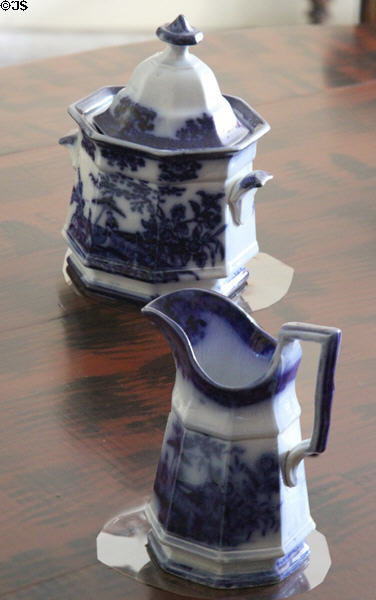 Davenport Amoy Flow Blue Ironstone China creamer & covered sugar bowl (c1845) at Lindenwald. Kinderhook, NY.