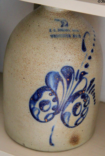 Stoneware crock painted with blue flow peacock by F.B. Norton Sons of Worcester, Mass at Lindenwald. Kinderhook, NY.