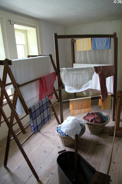 Wash-room (laundry room) with expanding clothes drying racks at Lindenwald. Kinderhook, NY.