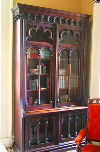Glass-fronted bookcase in library at Lindenwald. Kinderhook, NY.