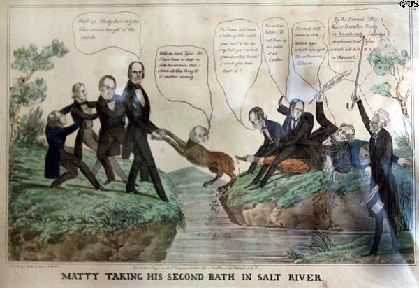 Matty Taking his Second Bath in Salt River political cartoon (1844) by H. Bucholzer at Lindenwald. Kinderhook, NY.