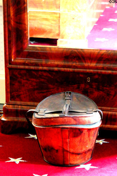 Leather hatbox (mid 19thC) in Martin Van Buren's bedroom at Lindenwald. Kinderhook, NY.