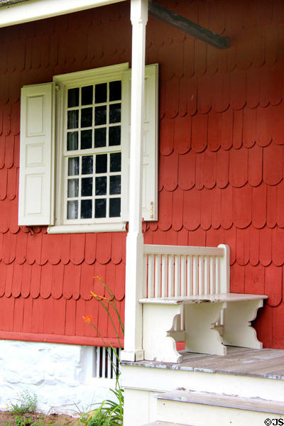 Dutch colonial details of Schenck House (1730-60) with feathered wood shingle siding at Old Bethpage Village. Old Bethpage, NY.