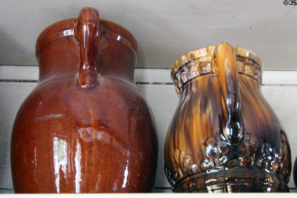 Brownware ceramic pitchers in Layton General Store at Old Bethpage Village. Old Bethpage, NY.