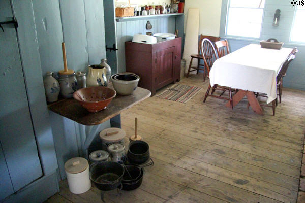 Stoneware crocks in kitchen of Williams House at Old Bethpage Village. Old Bethpage, NY.