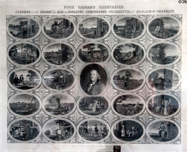 Graphic with scenes from Poor Richard's Almanac of Benjamin Franklin published by E. Herbert Clapp of Boston at Old Bethpage Village. Old Bethpage, NY.
