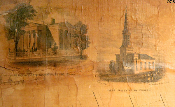 Sketches of Residence of Benjamin Hunting & First Presbyterian Church on 1854 Sag Harbor map at Annie Cooper Boyd House museum. Sag Harbor, NY.