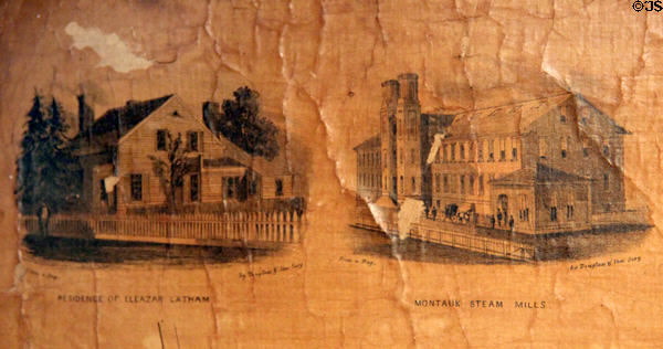 Sketches of Residence of Eleazar Latham & Montauk Steam Mills on 1854 Sag Harbor map at Annie Cooper Boyd House museum. Sag Harbor, NY.