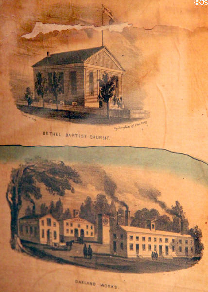 Sketches of Bethel Baptist Church & Oakland Works on 1854 Sag Harbor map at Annie Cooper Boyd House museum. Sag Harbor, NY.