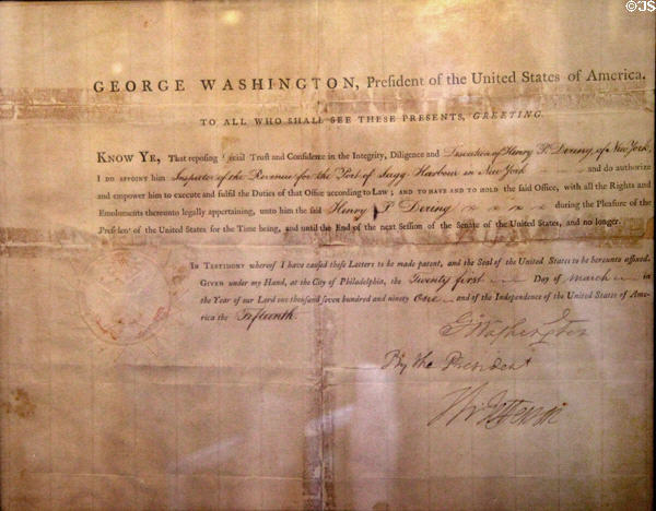 Appointment letter signed by George Washington as President of United States of America at Sag Harbor Whaling Museum. Sag Harbor, NY.