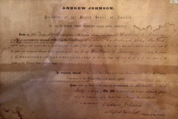 Document signed by Andrew Johnson as President of United States of America at Sag Harbor Whaling Museum. Sag Harbor, NY.